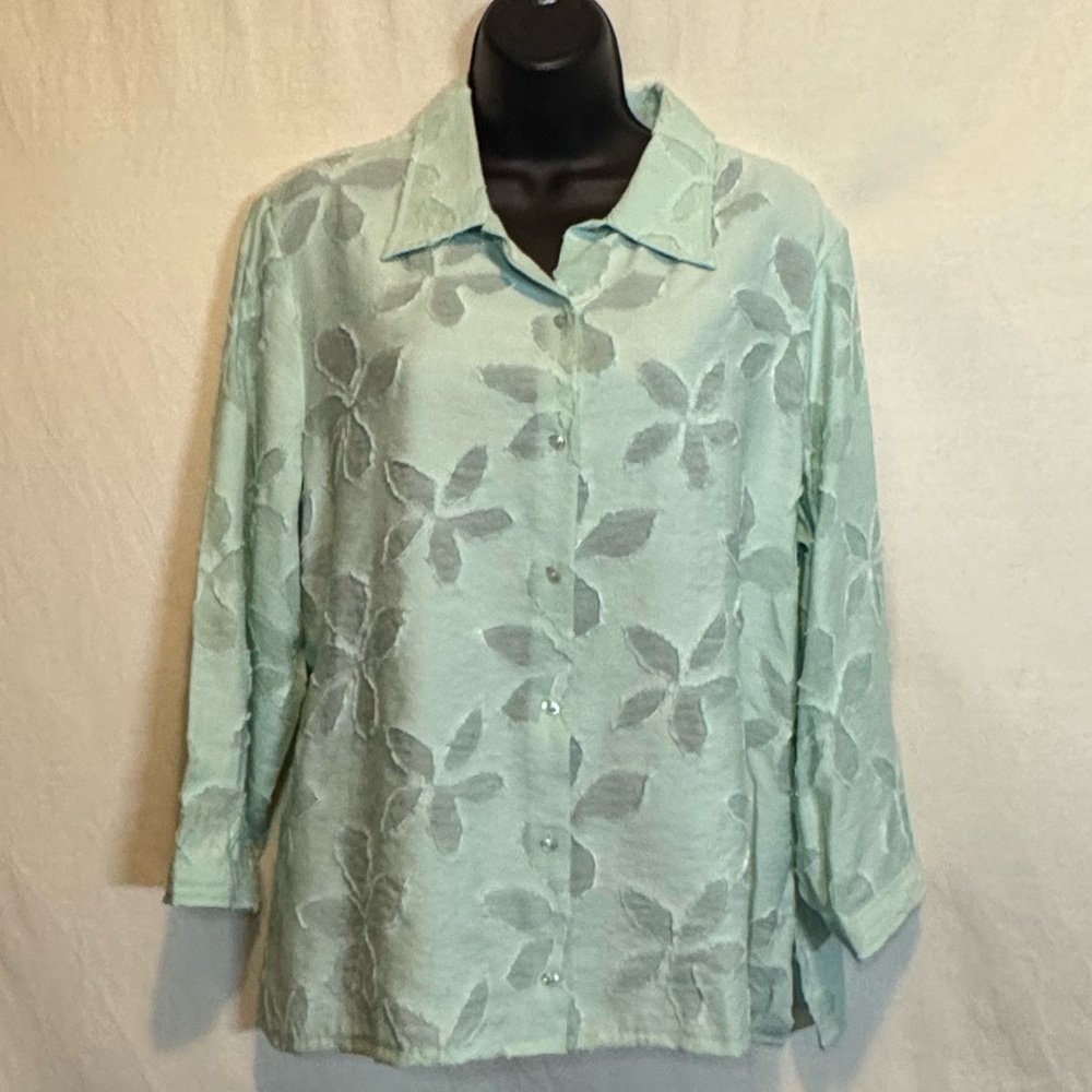 G-187 JH Collectibles Green 1/2 Sleeve Button Down Blouse Size LP